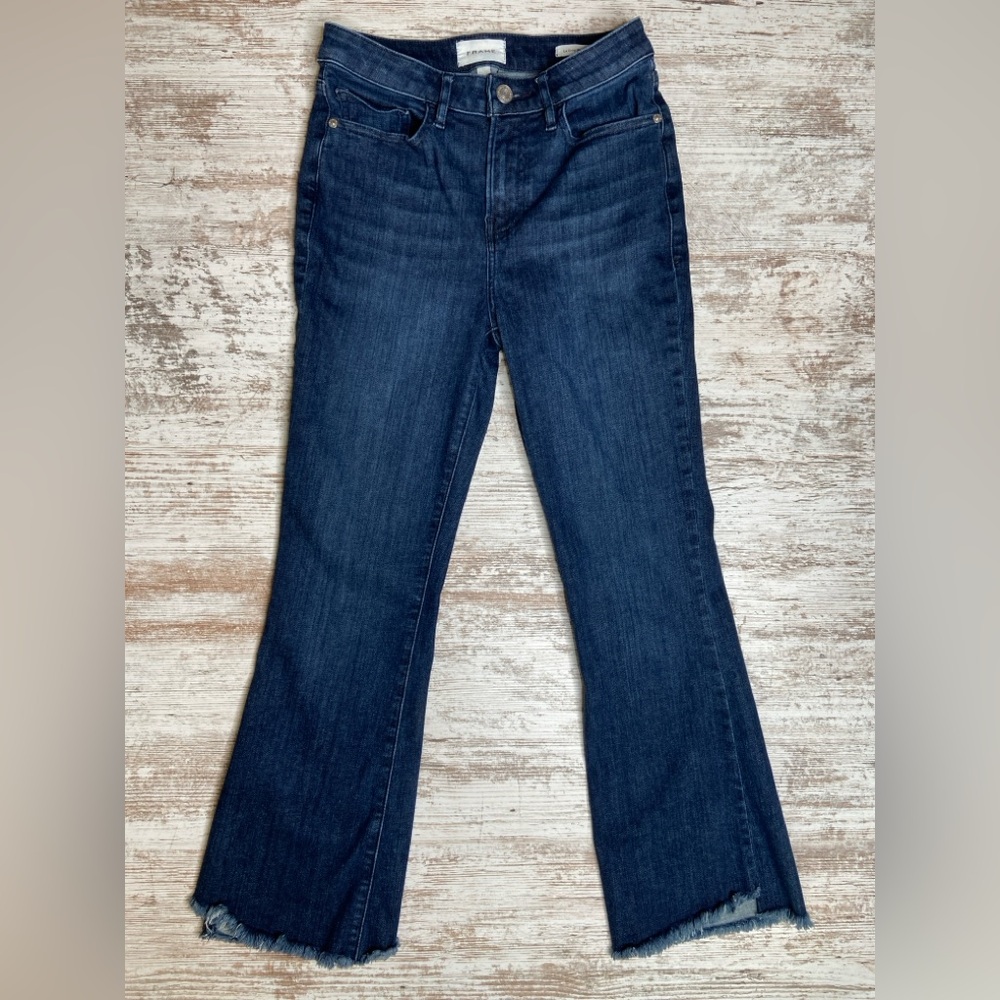 FRAME DENIM LE CROP MINI BOOT STRETCH DENIM JEANS CROP FLARE RAW HEM sz 26 EUC! - Picture 2 of 6